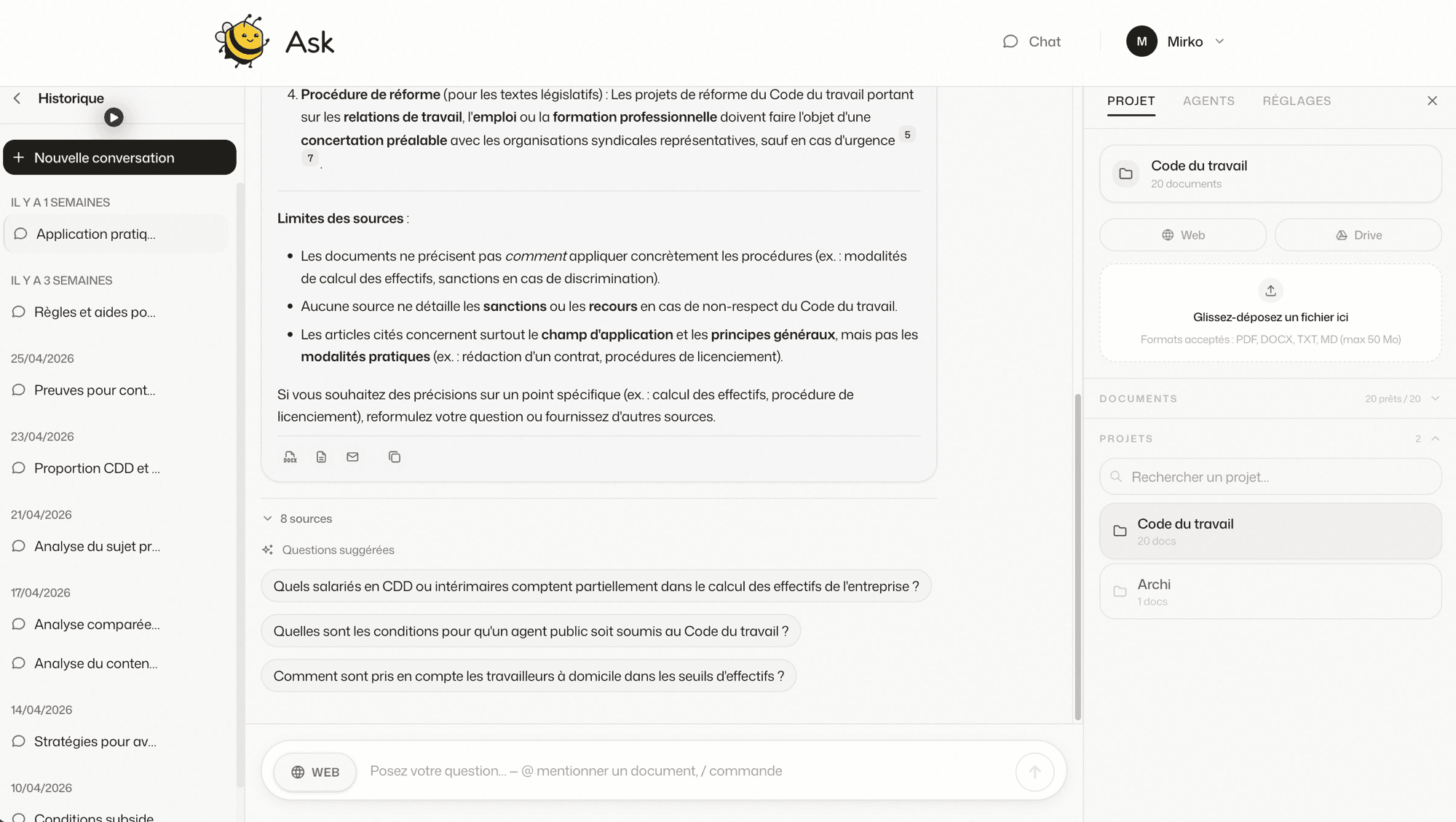 Ask — réponse sourcée avec citations et projets
